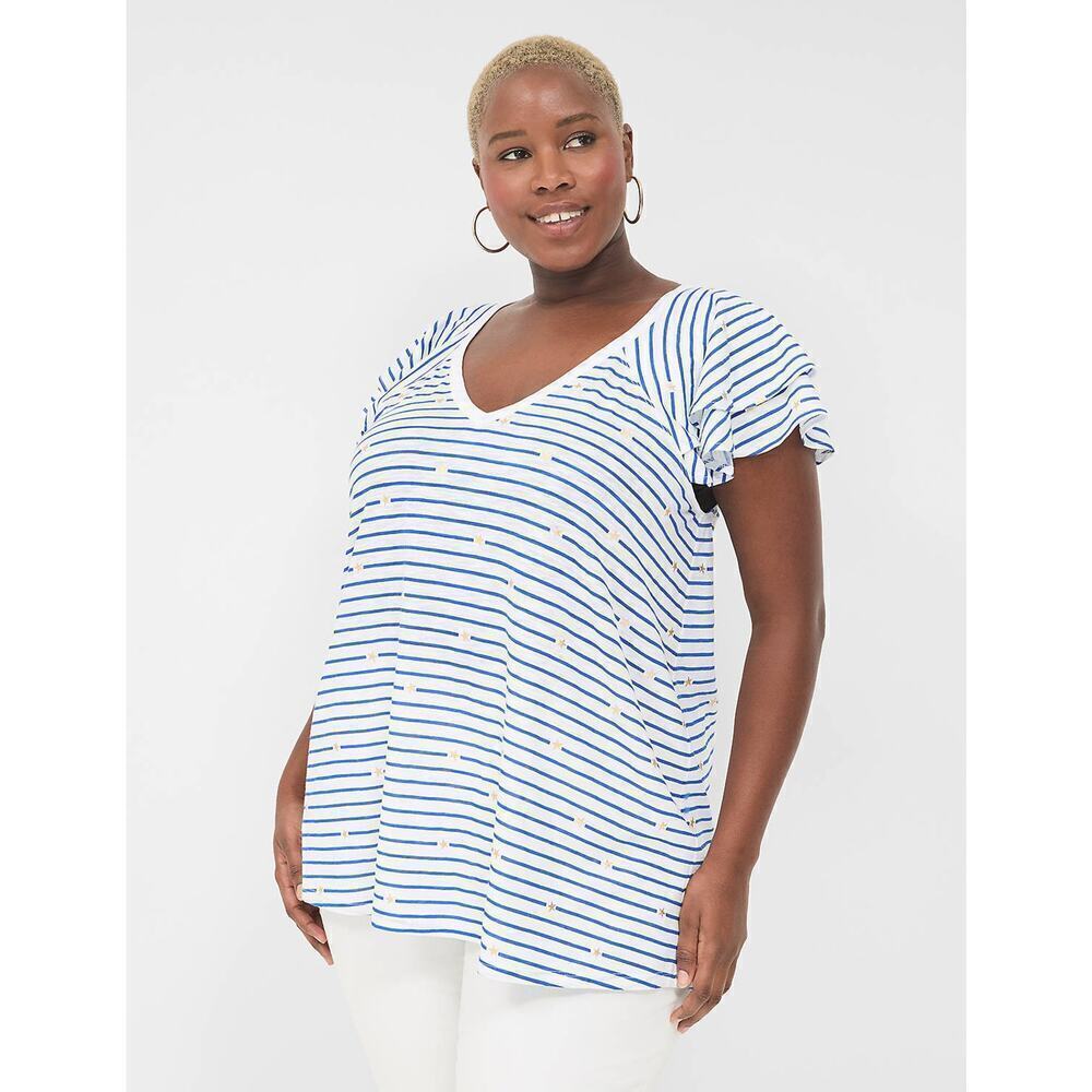 Lane Bryant Size 14 16 Stars Striped Casual Easy Flutter Tee Top Blue